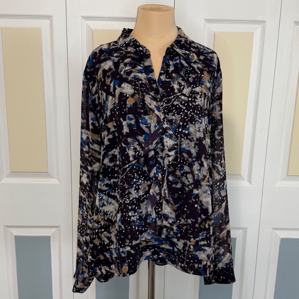 Cabi 3066 Womens Abstract Splatter Ruffle V-Neck Blouse Blue Navy LG